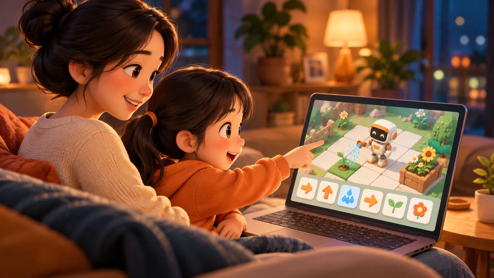 Cha mẹ và con cùng chơi SeedStep trên máy tính
